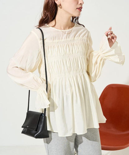 透膚褶皺荷葉袖長袖襯衫