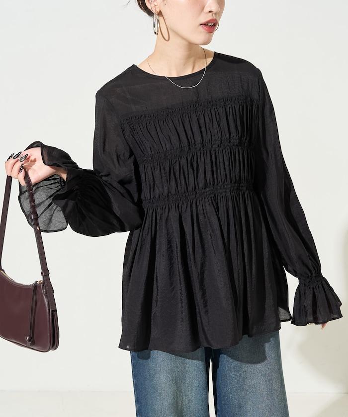 透膚褶皺荷葉袖長袖襯衫