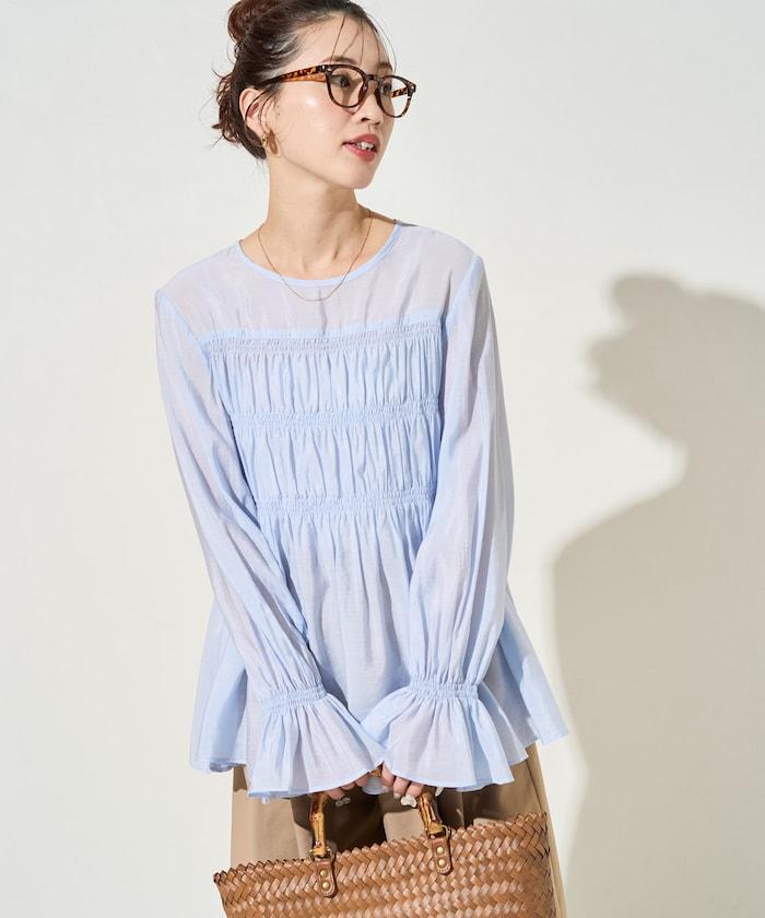 透膚褶皺荷葉袖長袖襯衫