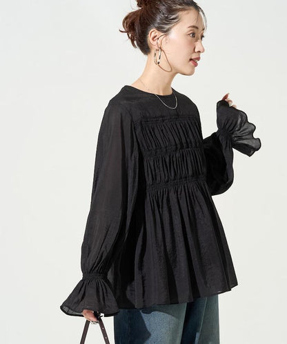 透膚褶皺荷葉袖長袖襯衫