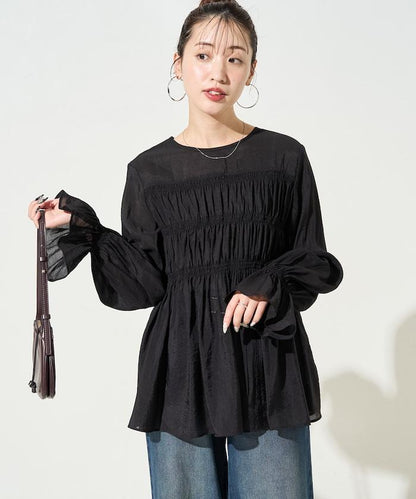 透膚褶皺荷葉袖長袖襯衫