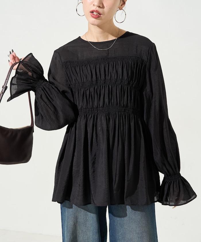 透膚褶皺荷葉袖長袖襯衫