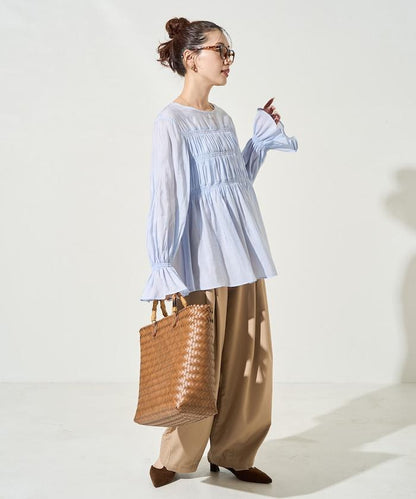 透膚褶皺荷葉袖長袖襯衫