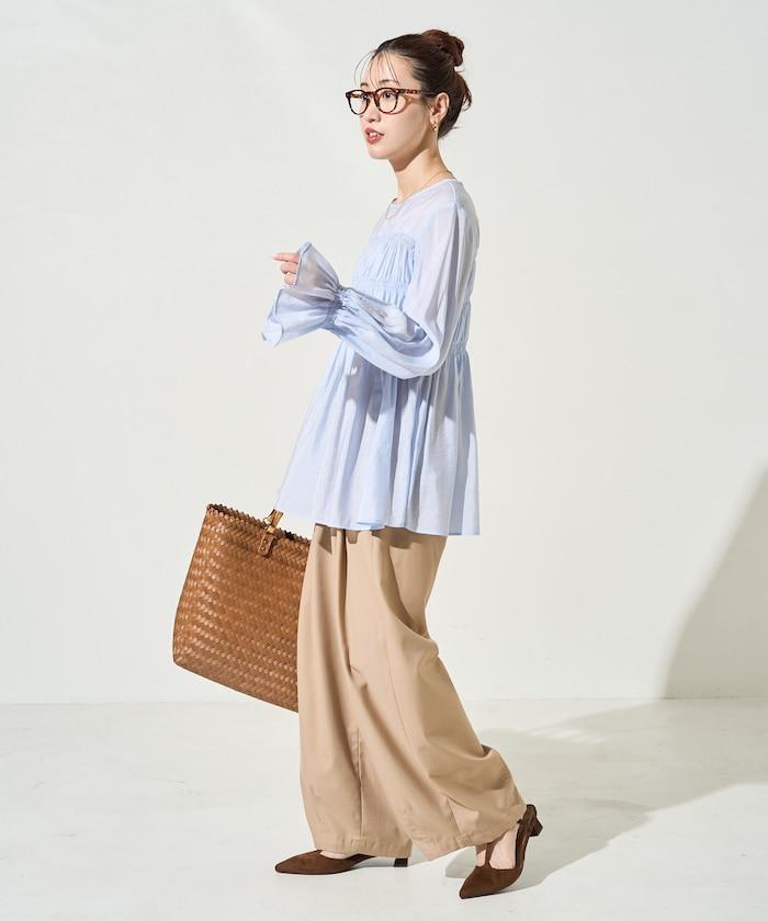 透膚褶皺荷葉袖長袖襯衫