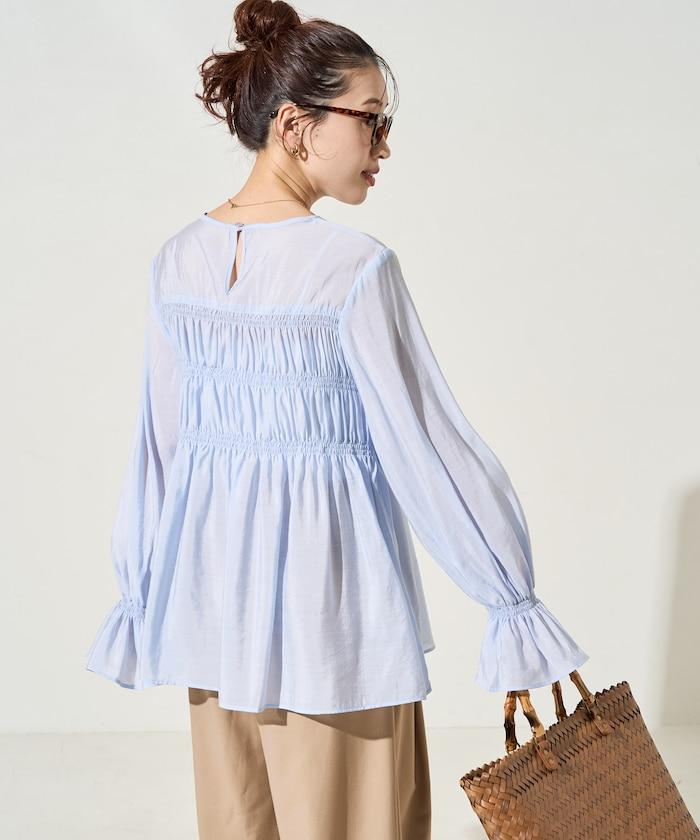 透膚褶皺荷葉袖長袖襯衫