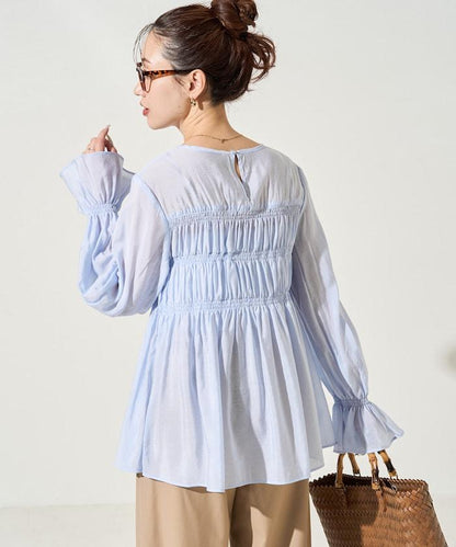 透膚褶皺荷葉袖長袖襯衫