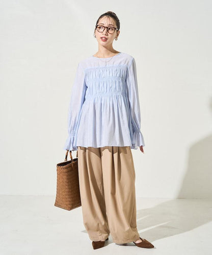 透膚褶皺荷葉袖長袖襯衫