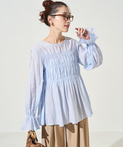 透膚褶皺荷葉袖長袖襯衫