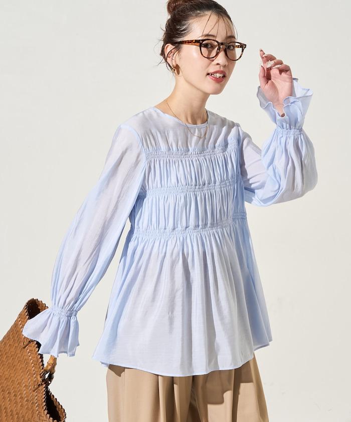 透膚褶皺荷葉袖長袖襯衫