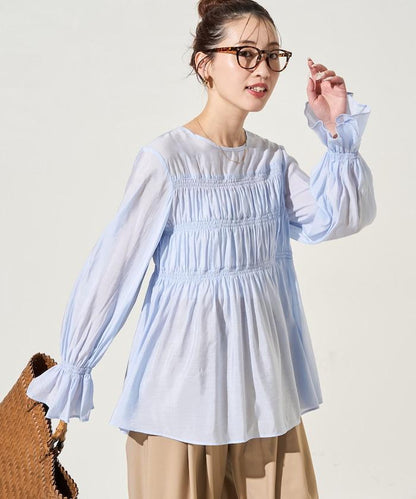 透膚褶皺荷葉袖長袖襯衫