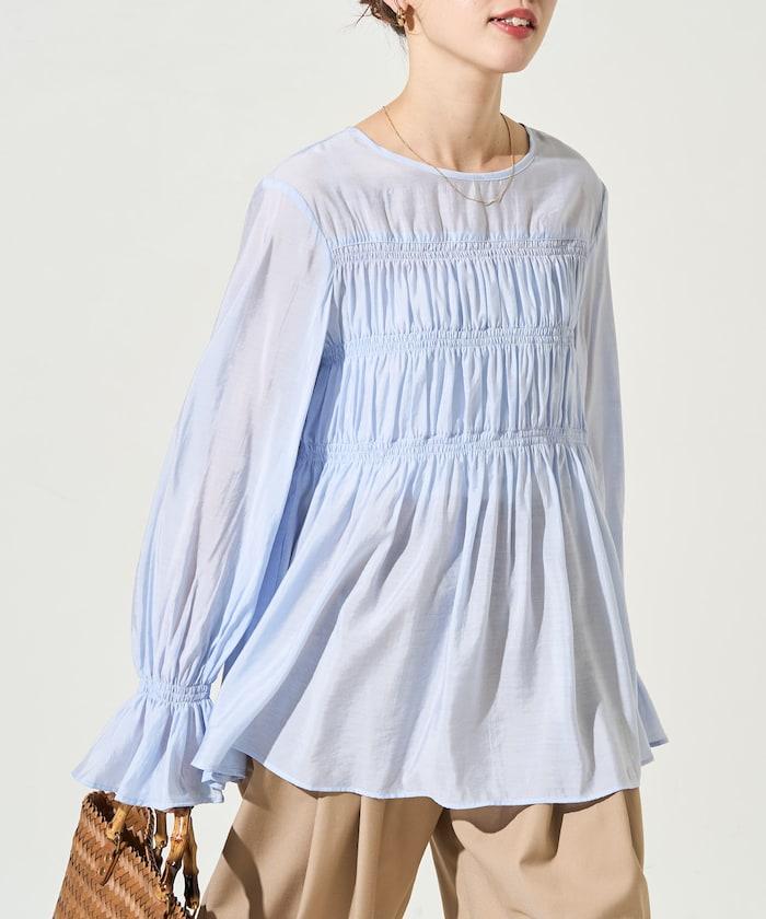 透膚褶皺荷葉袖長袖襯衫