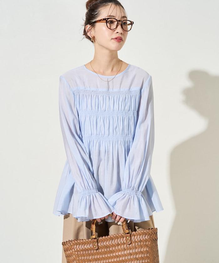 透膚褶皺荷葉袖長袖襯衫