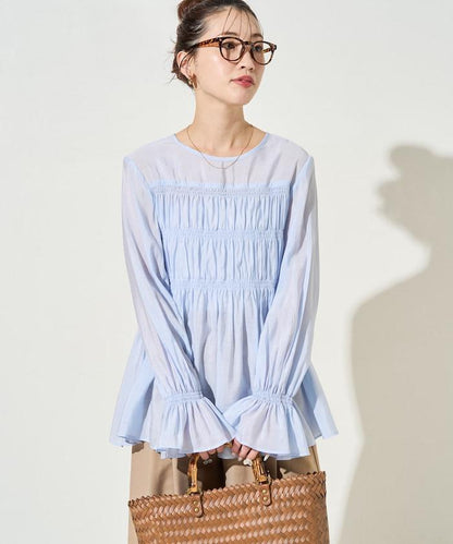 透膚褶皺荷葉袖長袖襯衫