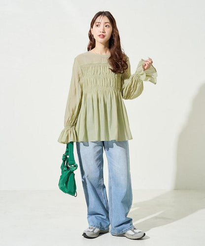 透膚褶皺荷葉袖長袖襯衫