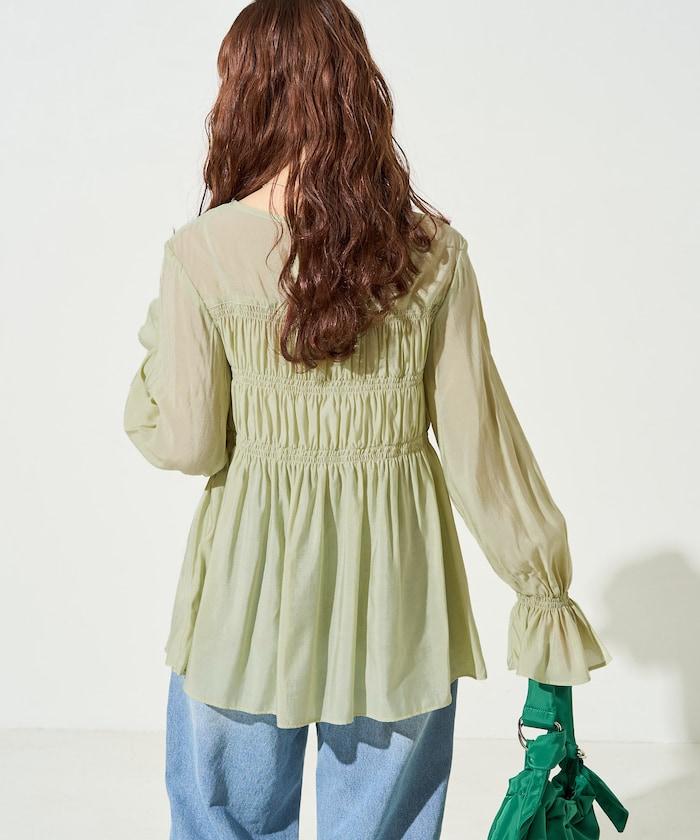 透膚褶皺荷葉袖長袖襯衫