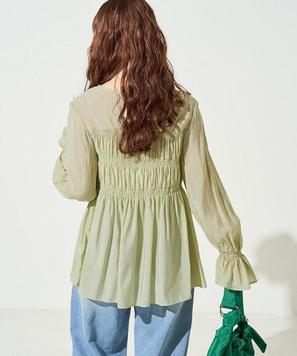 透膚褶皺荷葉袖長袖襯衫