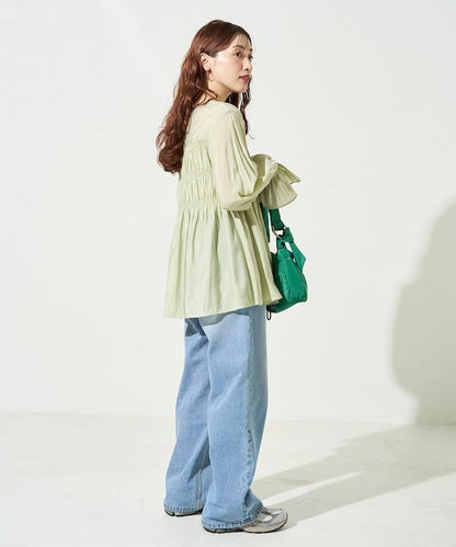 透膚褶皺荷葉袖長袖襯衫