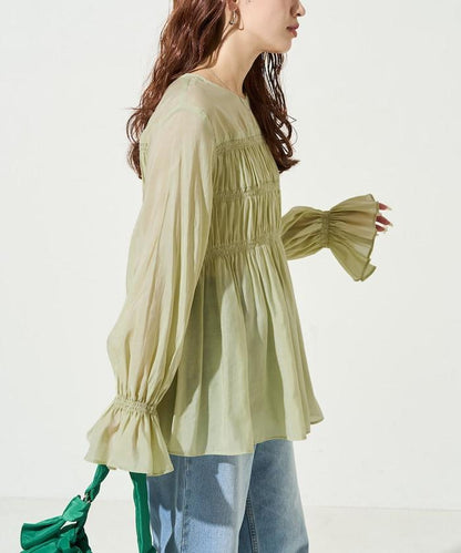 透膚褶皺荷葉袖長袖襯衫