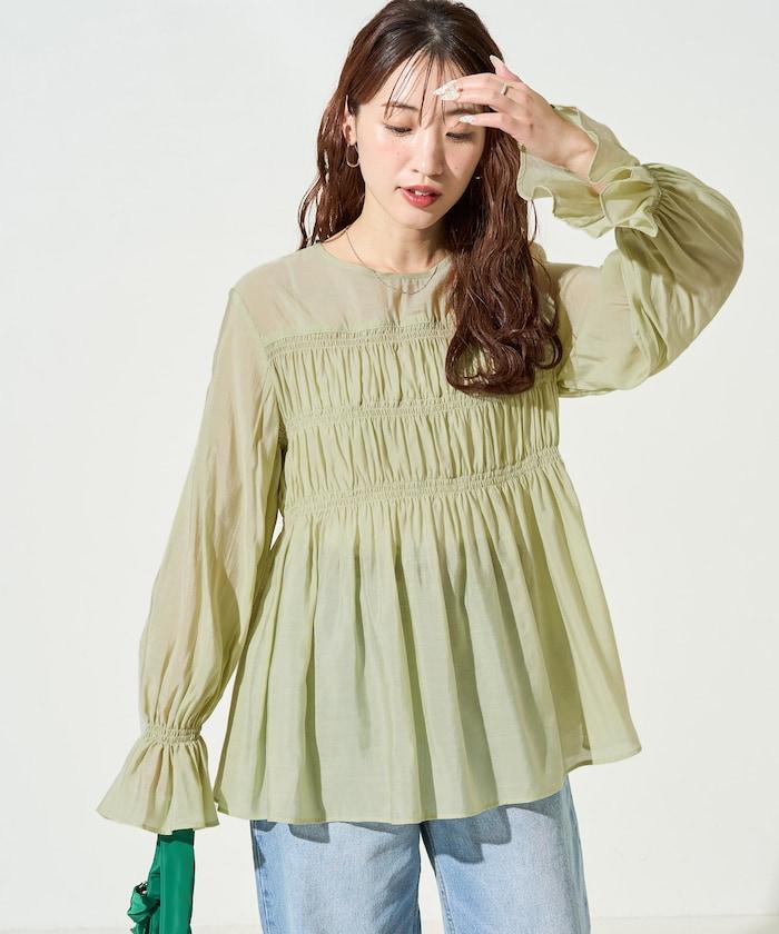 透膚褶皺荷葉袖長袖襯衫