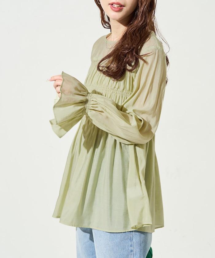 透膚褶皺荷葉袖長袖襯衫