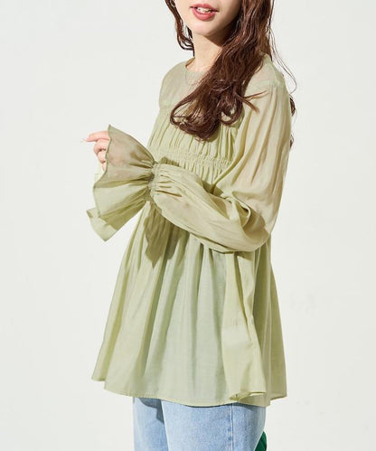 透膚褶皺荷葉袖長袖襯衫