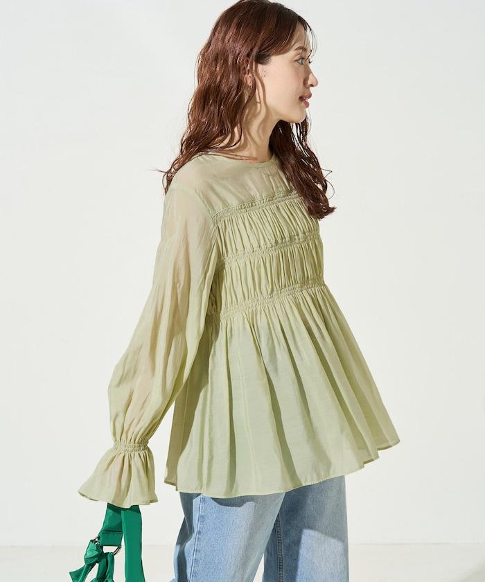 透膚褶皺荷葉袖長袖襯衫