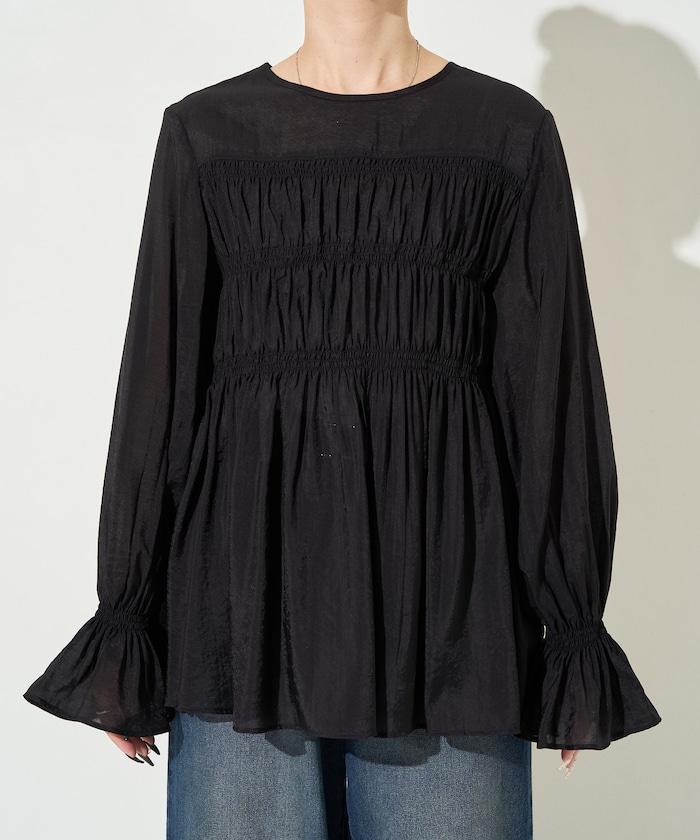 透膚褶皺荷葉袖長袖襯衫