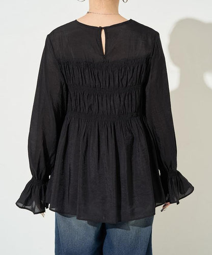 透膚褶皺荷葉袖長袖襯衫