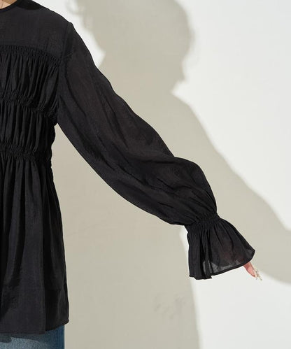 透膚褶皺荷葉袖長袖襯衫