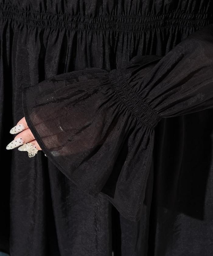 透膚褶皺荷葉袖長袖襯衫