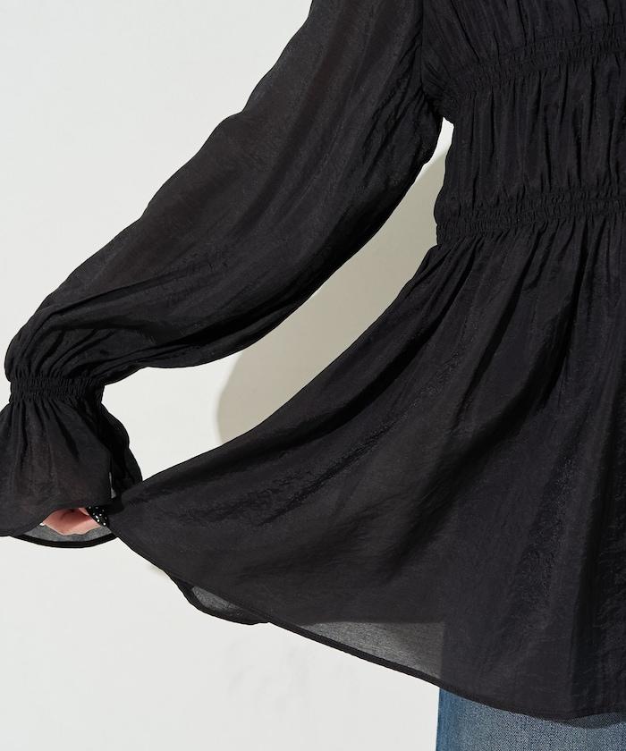 透膚褶皺荷葉袖長袖襯衫