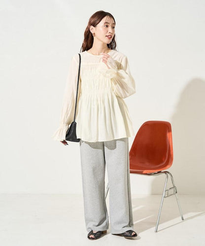 透膚褶皺荷葉袖長袖襯衫