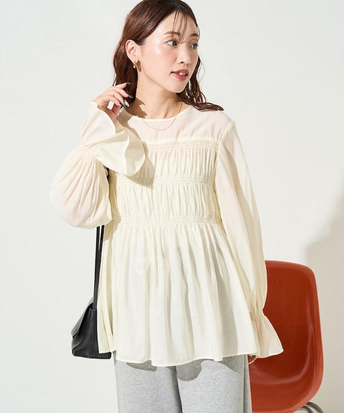 透膚褶皺荷葉袖長袖襯衫