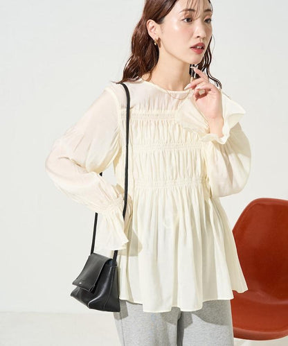 透膚褶皺荷葉袖長袖襯衫