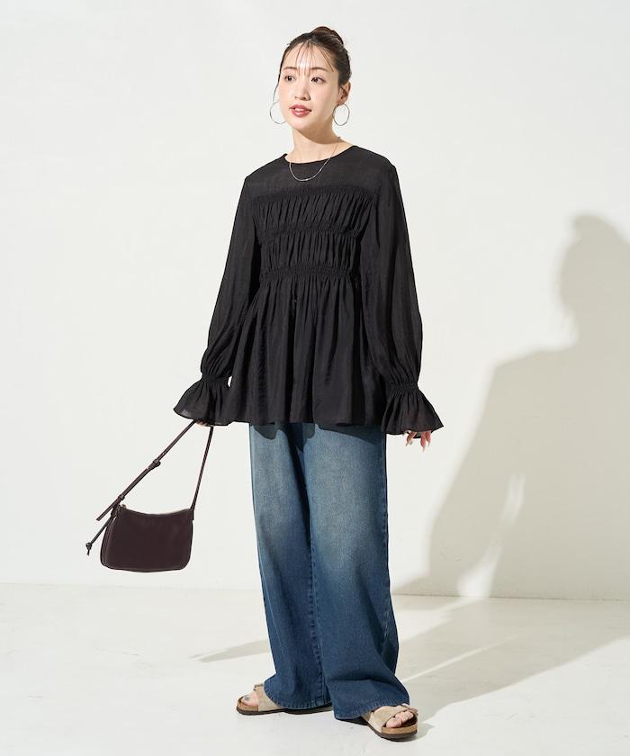 透膚褶皺荷葉袖長袖襯衫