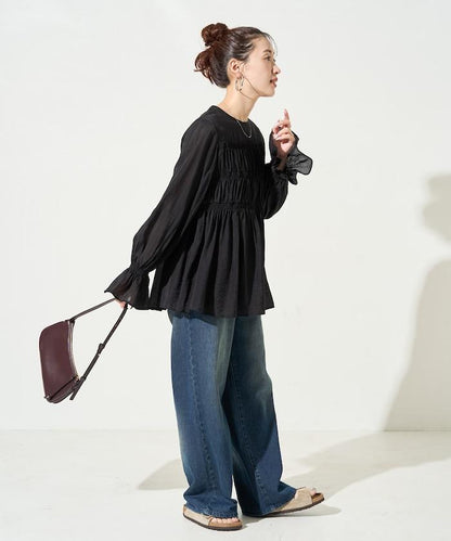 透膚褶皺荷葉袖長袖襯衫