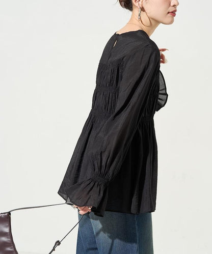 透膚褶皺荷葉袖長袖襯衫