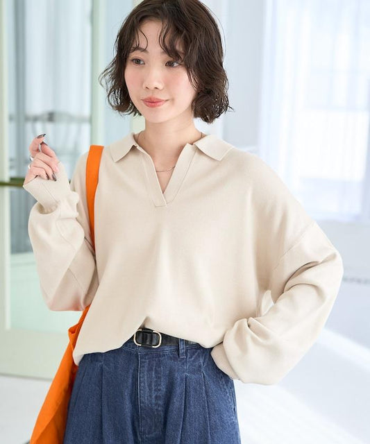 開領Polo領 長袖 針織套頭衫