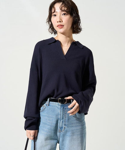 開領Polo領 長袖 針織套頭衫