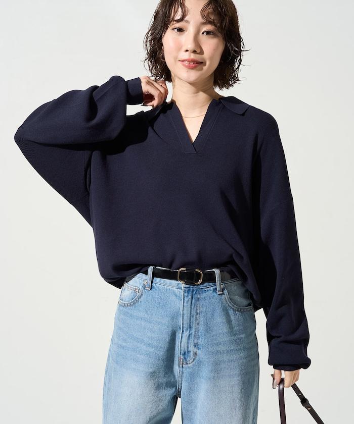 開領Polo領 長袖 針織套頭衫