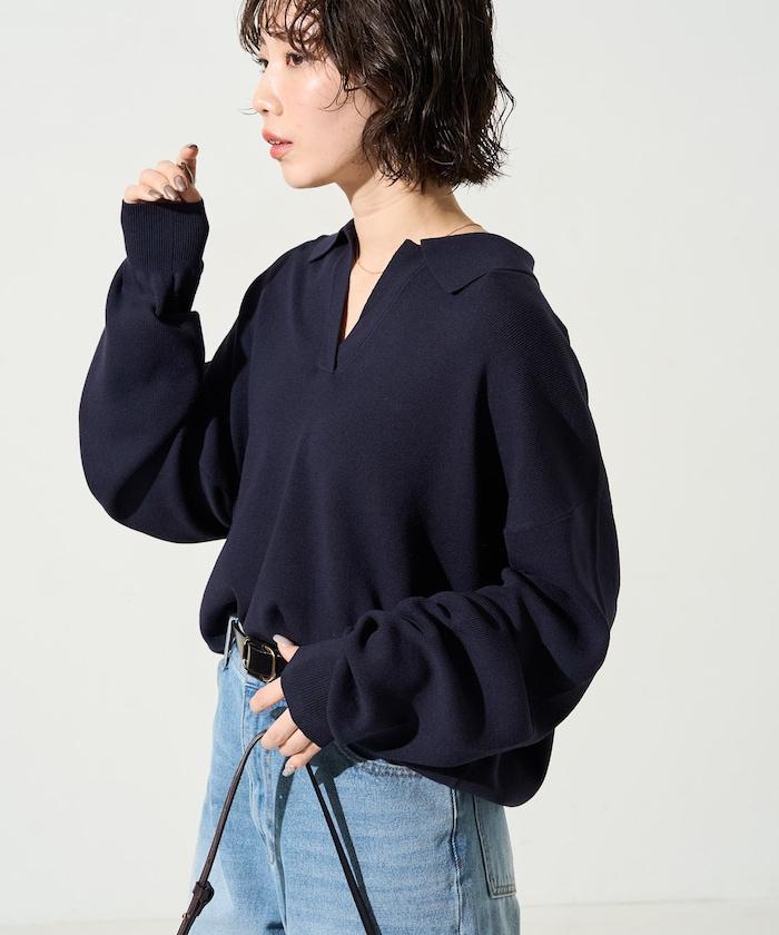 開領Polo領 長袖 針織套頭衫