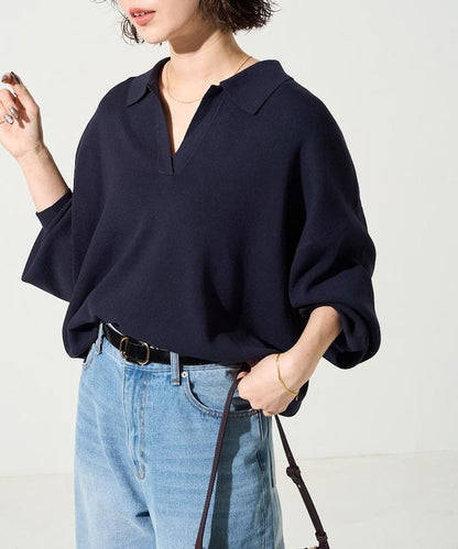 開領Polo領 長袖 針織套頭衫