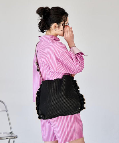 配色 單肩 荷葉邊 針織 單肩包