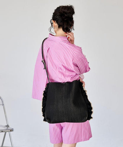 配色 單肩 荷葉邊 針織 單肩包