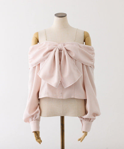 肩部亮飾蝴蝶結設計露肩上衣