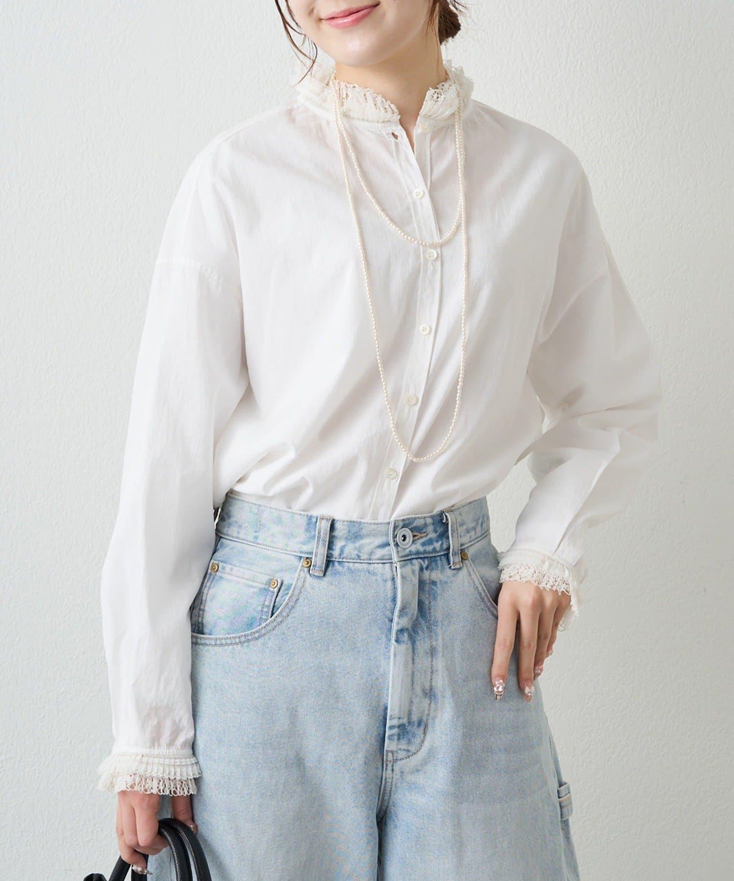 領口袖部褶皺蕾絲襯衫