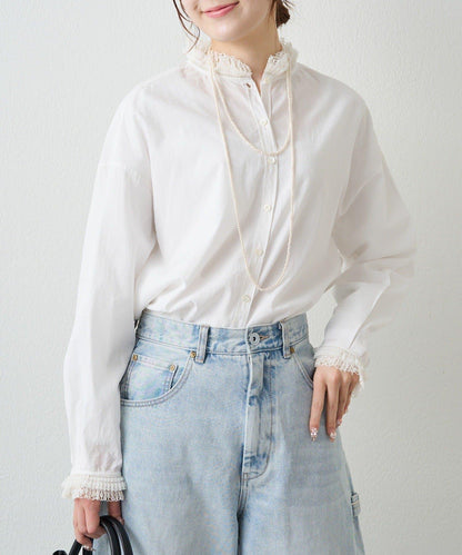 領口袖部褶皺蕾絲襯衫