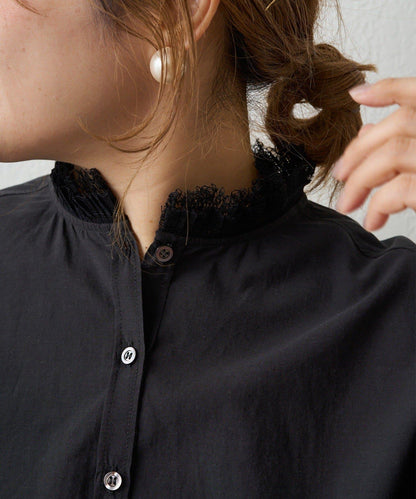 領口袖部褶皺蕾絲襯衫
