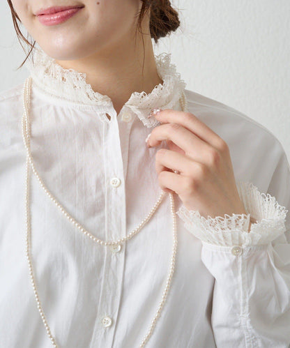 領口袖部褶皺蕾絲襯衫