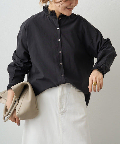 領口袖部褶皺蕾絲襯衫